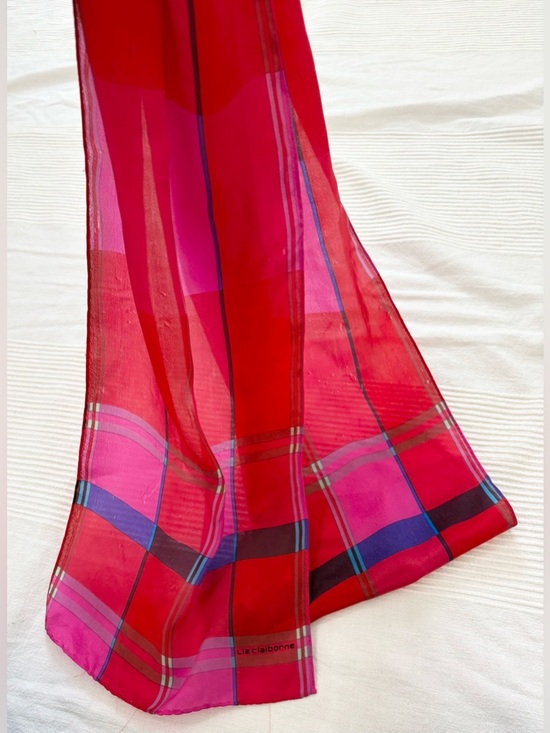 Vintage Liz Claiborne Bright Pink Plaid Women's Silk Scarf - Picture 4 of 6